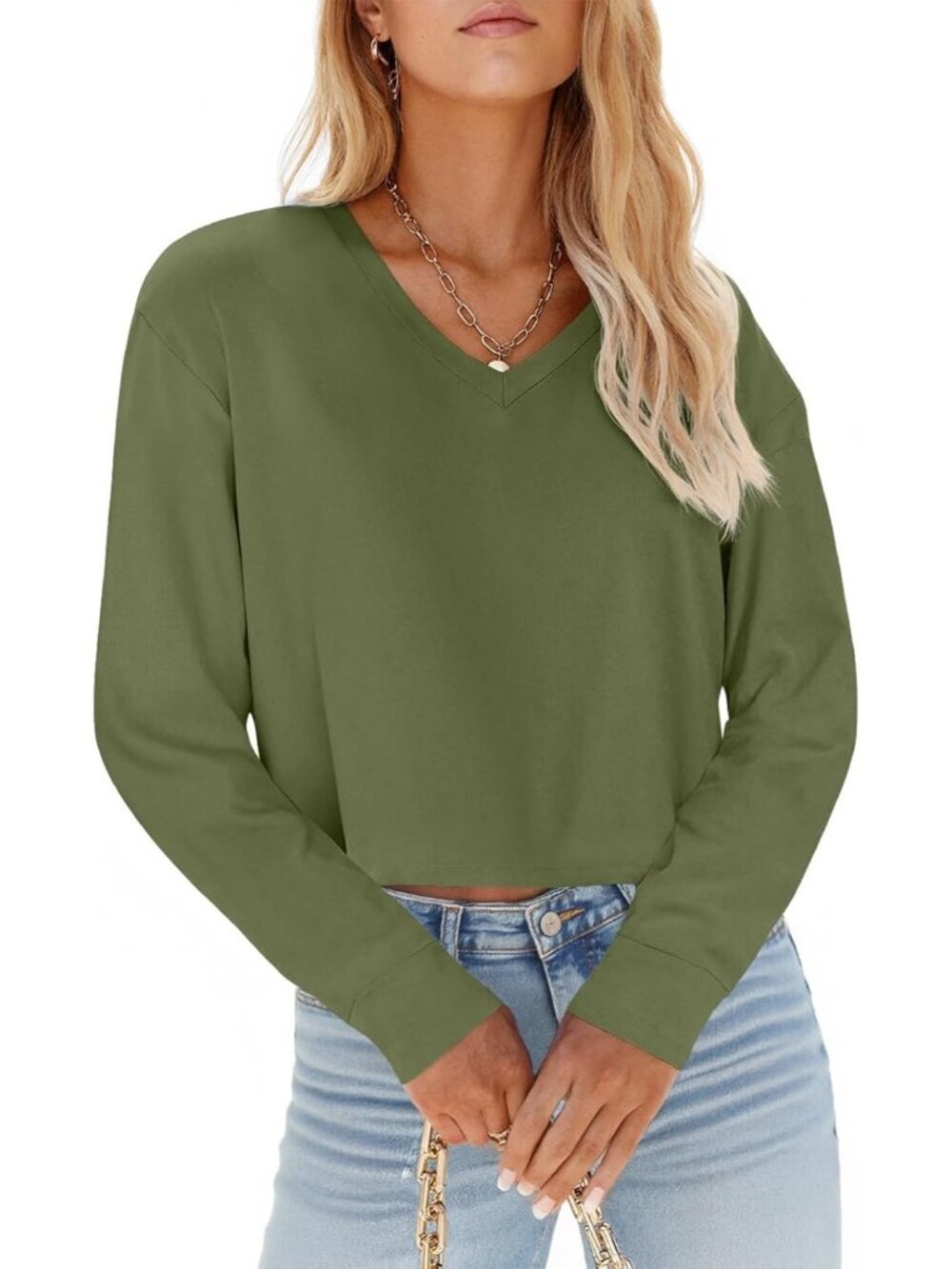 Women's Army Green 1 Short Sleeve V Neck Cropped Casual Crop Tops T Shirts